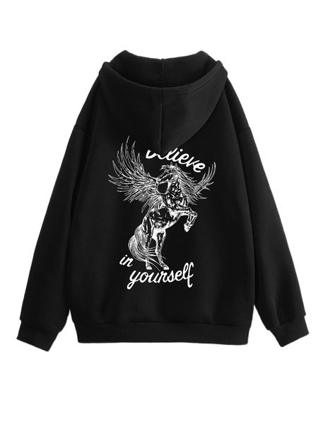 

slogan & horse print drawstring thermal hoodie a8d9#, Black