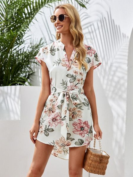 

notched neck self belted dip hem floral dress 62tv#, Black;gray