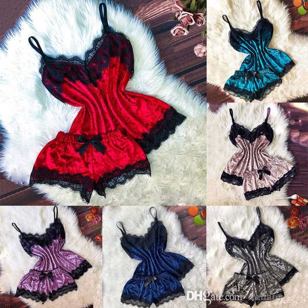 

satin lace sleepwear for womens 2 pcs pajamas set babydoll lingerie nightdress home sets, Black;red