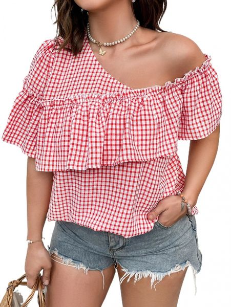 

plus gingham asymmetrical neck ruffle trim blouse n1h5#, Black