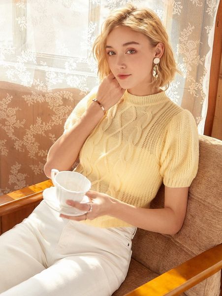 

knit mix puff sleeve cable knit without lined 17jp#, White;black