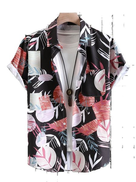 

men random tropical print patched pocket shirt without tee q311#, White;black
