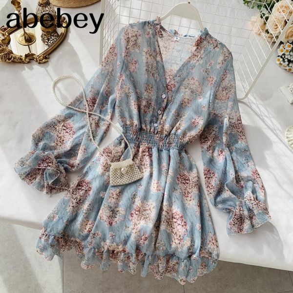 

fashion womens french dress female temperament vneck longsleeved chiffon floral dresses y200805, Black;pink