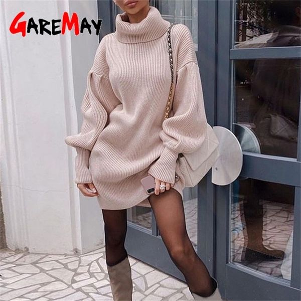 

dress for autumn winter oversize sweater midi 2020 knitted dress female lantern sleeve turtleneck warm women's dress lj201114, White;black