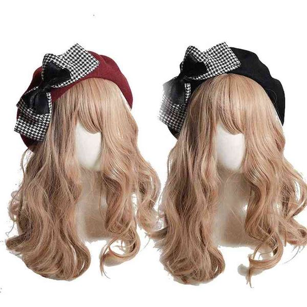 

plaid big bow cute beret for women handmade autumn winter street style solid wool hats beanie cap j220722, Blue;gray