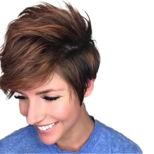 

short none lace wigs for women human hair black brown color full machine made wig pixie cut wig with bangs brazilian