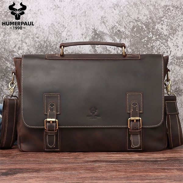 

humerpaul men briefcase crazy horse leather lapbag doctor lawyer computer bag cowhide male briefcase cow leather men bag 201120