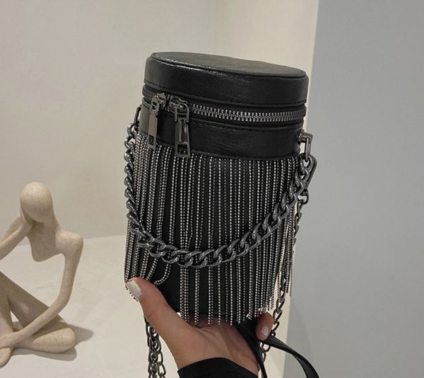 

new two straps vintage fashion fringe bucket bag zipper punk chain women soulder crossbody bag bags tote women's handbags purses