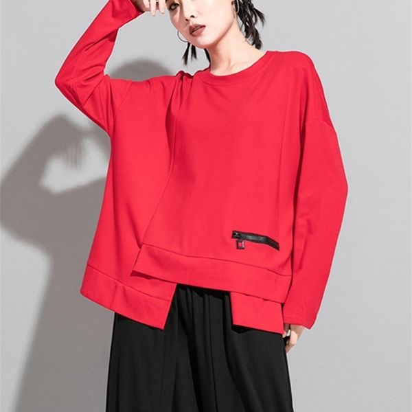 

[eam] women red irregular split joint big size t-shirt round neck long sleeve fashion spring autumn 1da605 220322, White
