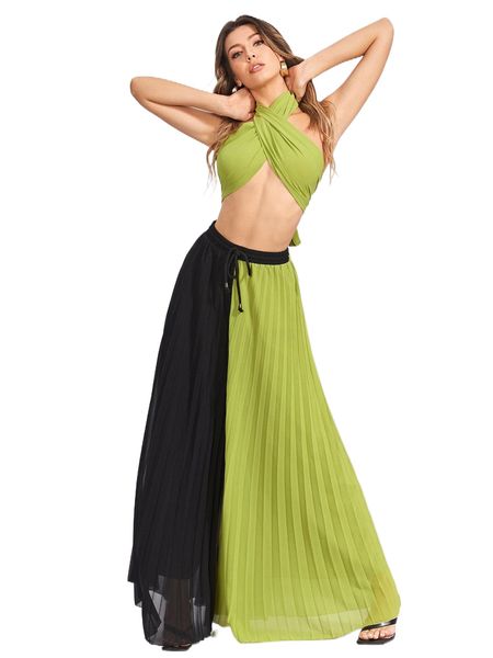 

x christian allana cross wrap tie backless halter & two tone pleated skirt p1me#, White