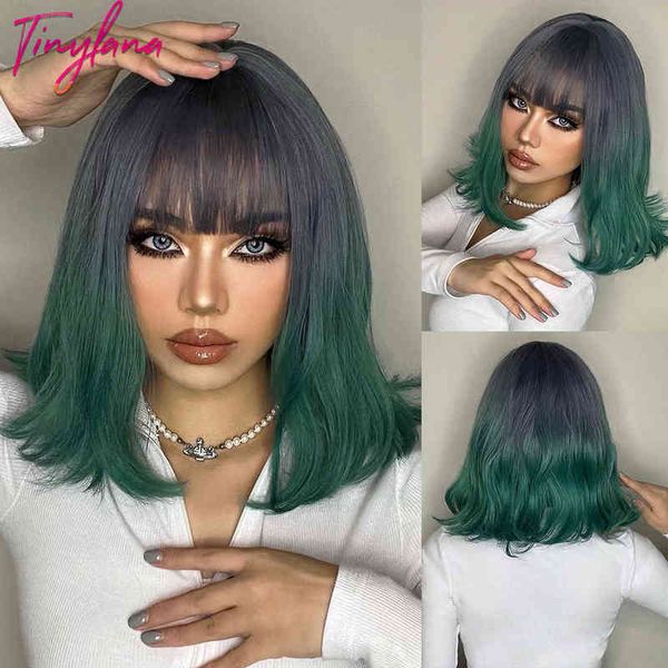 Parrucche sintetiche caschetto corto Ombre ondulate medie Parrucca di capelli grigio viola verde per donne con frangia Cosplay Party Quotidiano resistente al calore