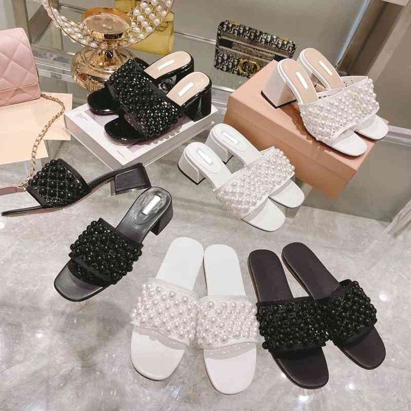 

dress shoes women's shoes european and american style square head high-heeled slippers luxury pearl thick heel open toe word sandals fo, Black