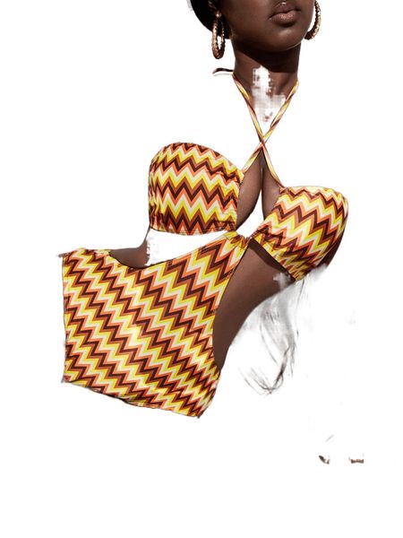 

chevron print cut out crisscross halter one piece swimsuit a2jc#, White;black