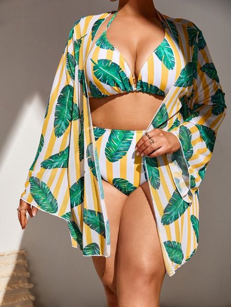 

plus plant print bikini swimsuit with kimono b83v#, White;black