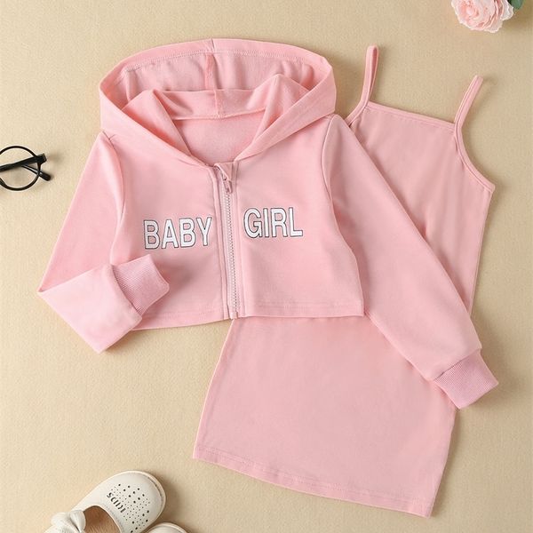 

little girl's letter design zipper hoodie and suspender dress she, White