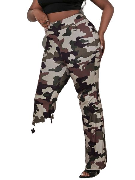 

sxy plus camo print flare leg pants a1yf#, Black