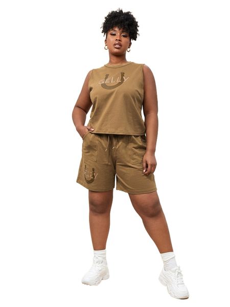 

x gelly plus letter graphic tank & drawstring waist shorts x4yx#, Black