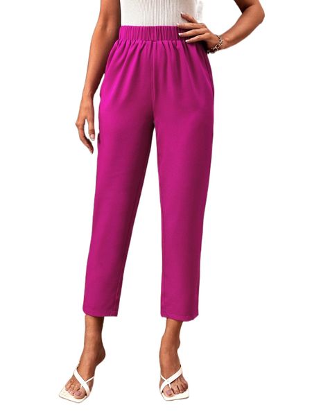 

solid elastic waist pants 71if#, Black;white