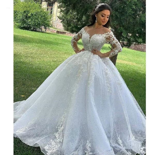 

princess ball gown wedding dresses 3d floral lace appliques bridal gowns 2022 crew neck long sleeves vestido casamento lace up appliqus bead, White