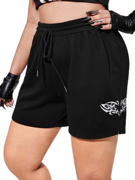

plus butterfly print drawstring waist track shorts m4mn#, Black