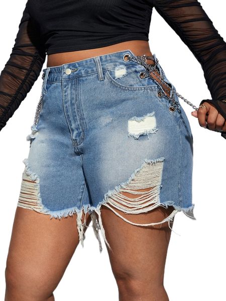 

sxy plus raw hem ripped trim chain side denim shorts h6rc#, White;black