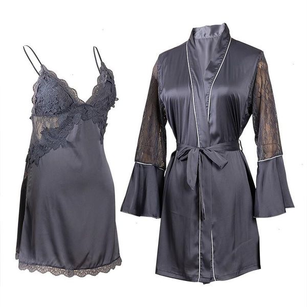 

women lace sleepwears satin patchwork nightwear casual kimono robe set, Black;red