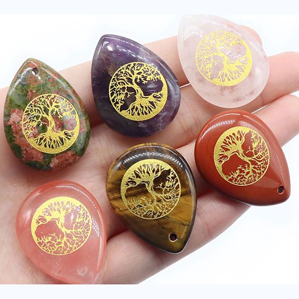 

handmade craved gold tree chakra teardrop gemstone 25x33mm palm worry thumb stone therapy geometry healing coin reiki donut energy quartz cr, Black