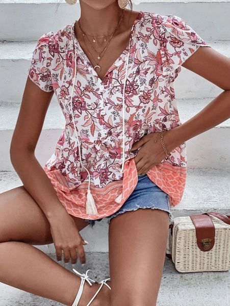 

floral print petal sleeve tie neck blouse w8lg#, White