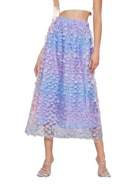 

high waist ombre floral appliques skirt f51b#, Black