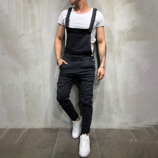 

men's pants 2022 fashion ripped jeans jumpsuits ankle length letter printing distressed denim bib overalls for men suspender, Black