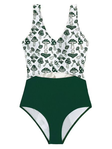 

mushroom print cut-out one piece swimsuit y2se#, White;black