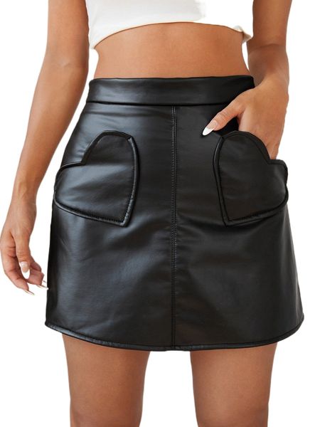 

heart form pocket pu leather skirt d5bw#, Black
