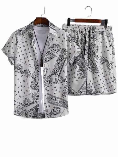 

men paisley print shirt & drawstring waist shorts without tee v8rp#, Gray