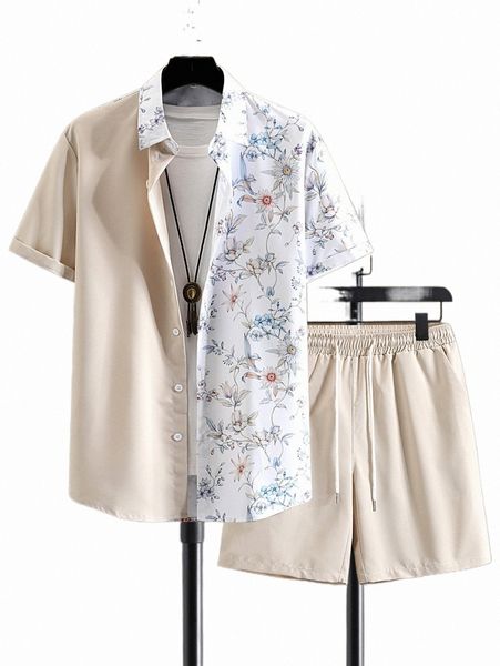

men floral print shirt & drawstring waist shorts without tee k32m#, Gray