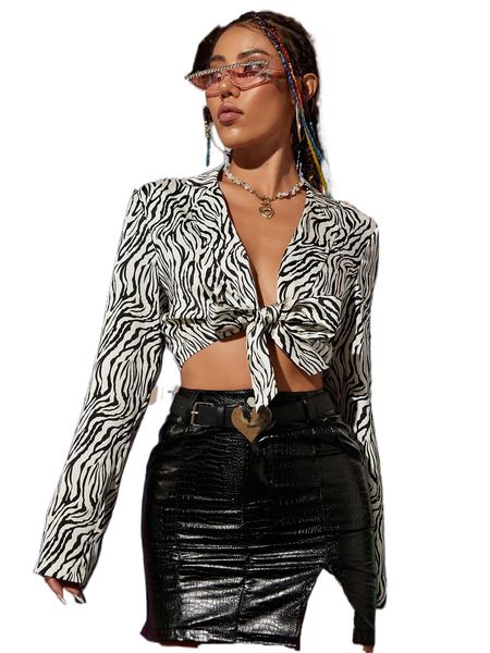 

zebra stripe tie front blazer 82gv#, White