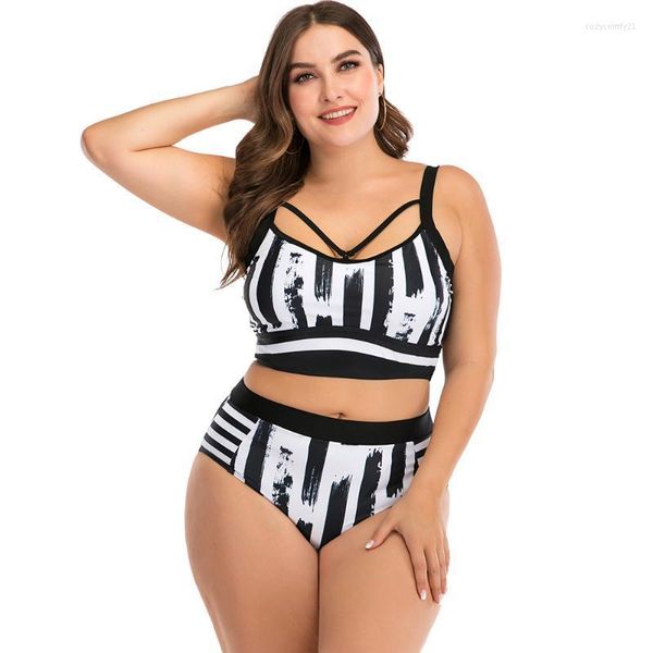 Benim 2022 Blackwhite Stiped Bikini Set Kadınlar Artı Beden Mayo Yüksek Bel İki Parçalı Mayo Büyük Biquini Mayo Kadınlar Kadın