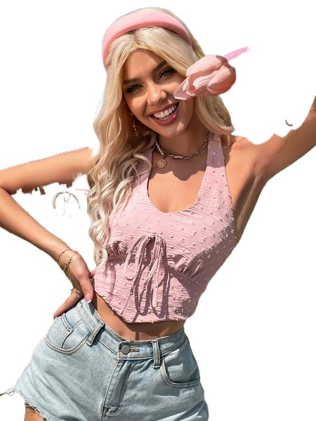 

swiss dot tie front backless halter p3go#, White