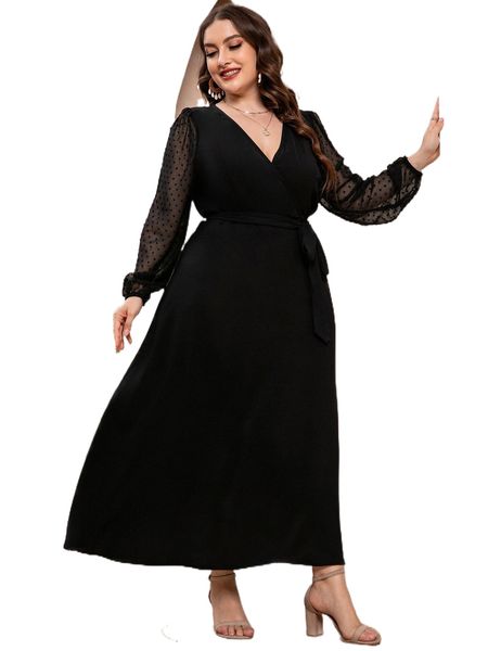 

plus swiss dot bishop sleeve overlap collar belted dress 28zi#, Black