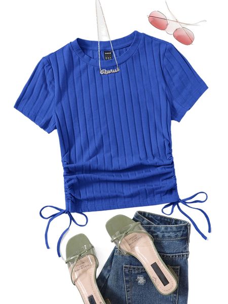

drawstring ruched side rib-knit tee c4u0#, White