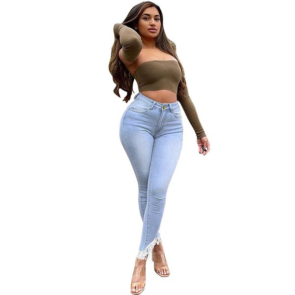 

2022 new european and american plus size jeans women's high waist slim tassel jeans, Blue