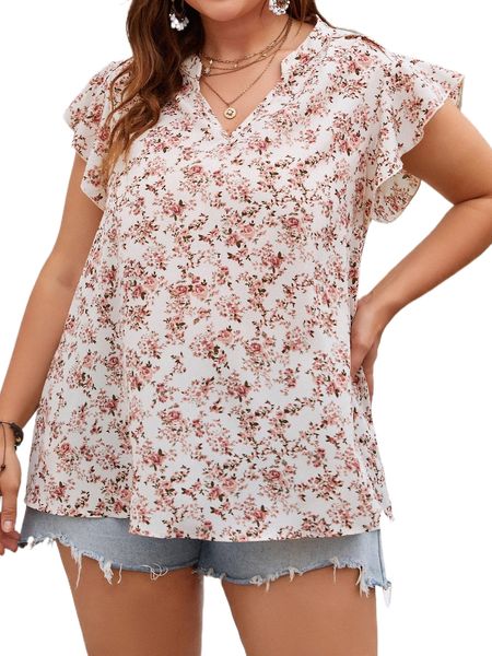 

plus ditsy floral butterfly sleeve notched neck blouse p4fa#, Black