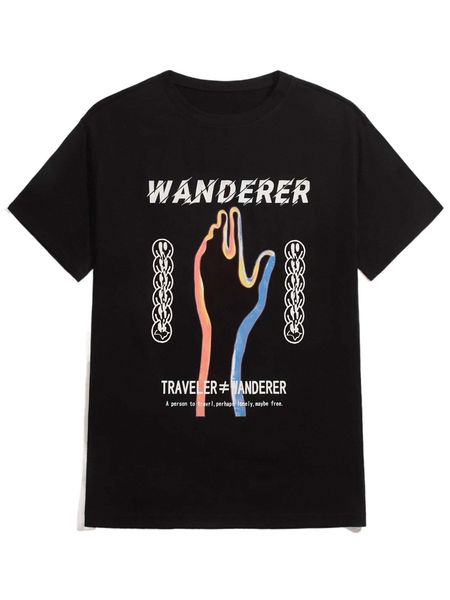 

romwe guys letter hand & cartoon graphic tee 93xd#, White;black