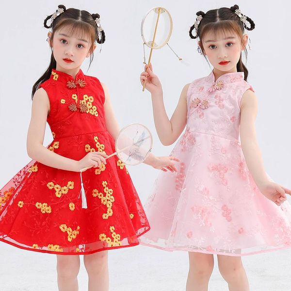 Mädchenkleider Mädchen Cheongsam Kleid Chinesisch Rot Vintage Qipao Sommer Ärmellos Stickerei Party Hochzeit Tanz Festival Boutique Tuch