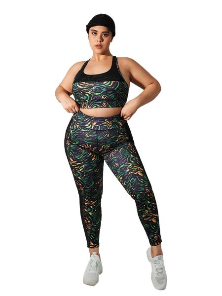 

plus allover print contrast mesh criss cross back sports set q8xv#, Black