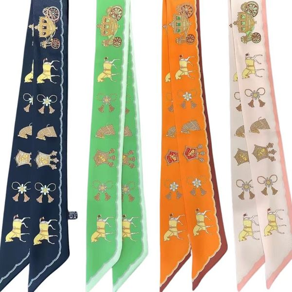 

silk scarf decorative bag handle vintage carriage narrow strip ribbon quality twill scarf, Blue;gray