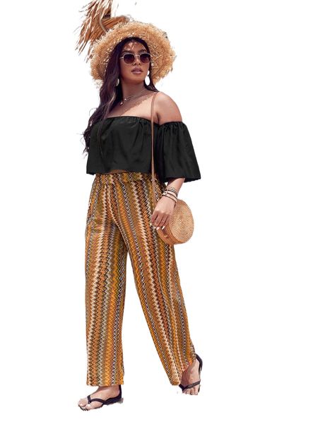 

plus solid off shoulder crop & chevron print pants s8ri#, Black