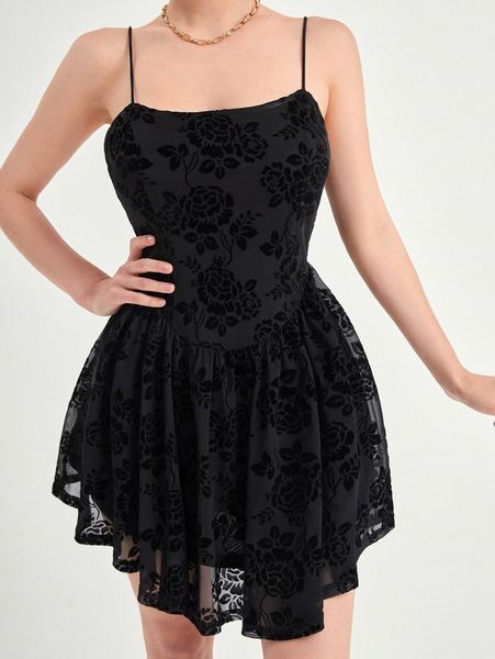 

floral print flare hem mesh cami dress 99jg#, Black;gray