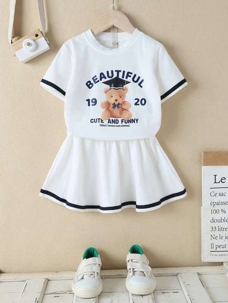 

toddler girls slogan & bear print contrast tape tee & flare skirt she, White