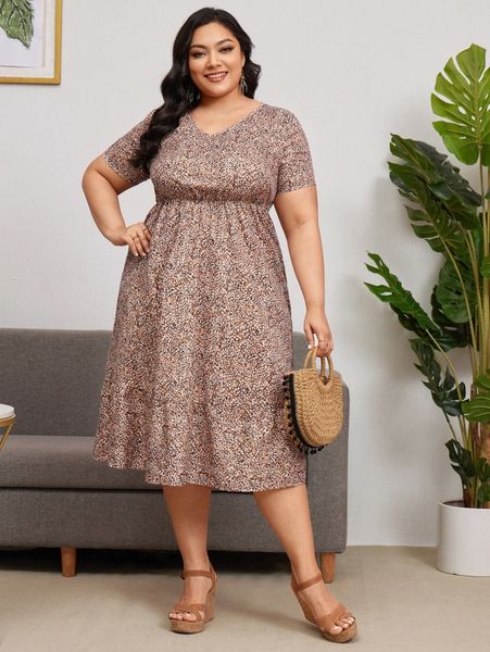 

emery rose plus allover print ruffle hem dress 95zb#, Black