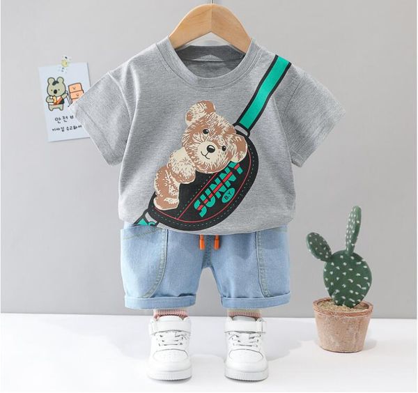 

infant clothes sets summer children's wear boys girls casual cotton t-shirt+overalls 2pcoutfit toddler costume kids clothing y1, Blue